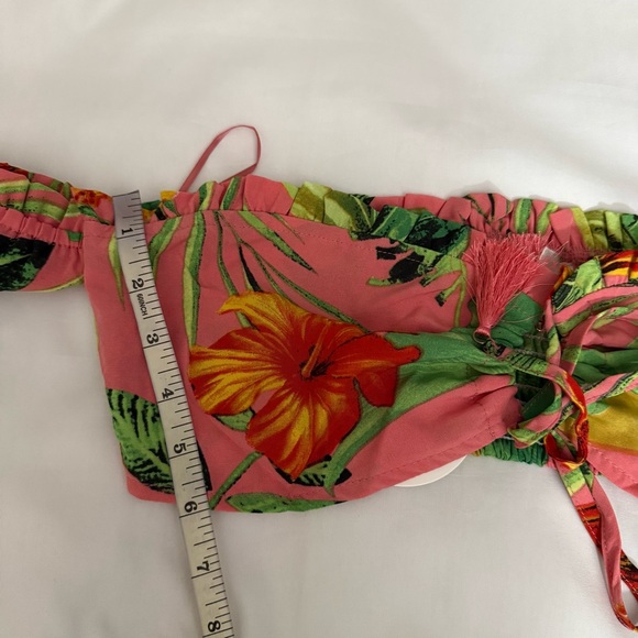 Peach floral print high waisted wide leg pants off the shoulder crop top set - Picture 9 of 10